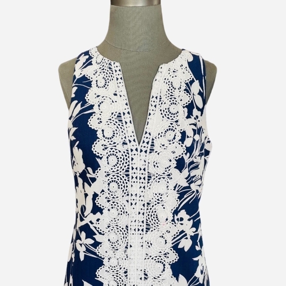 Women’s Dress Eliza J Navy Pink Lace Trim Stretch Cotton A-Line Dress Midi Dress - Picture 4 of 8